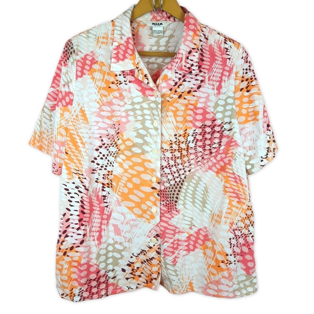 Vintage Alia Women Petite Light Button Up Short Sleeve Top Multicolor Size 14P
